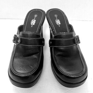 Vtg Y2K Route 66 Black Faux Leather Platform Mules Buckle Chunky Heel Sz 9 Bratz